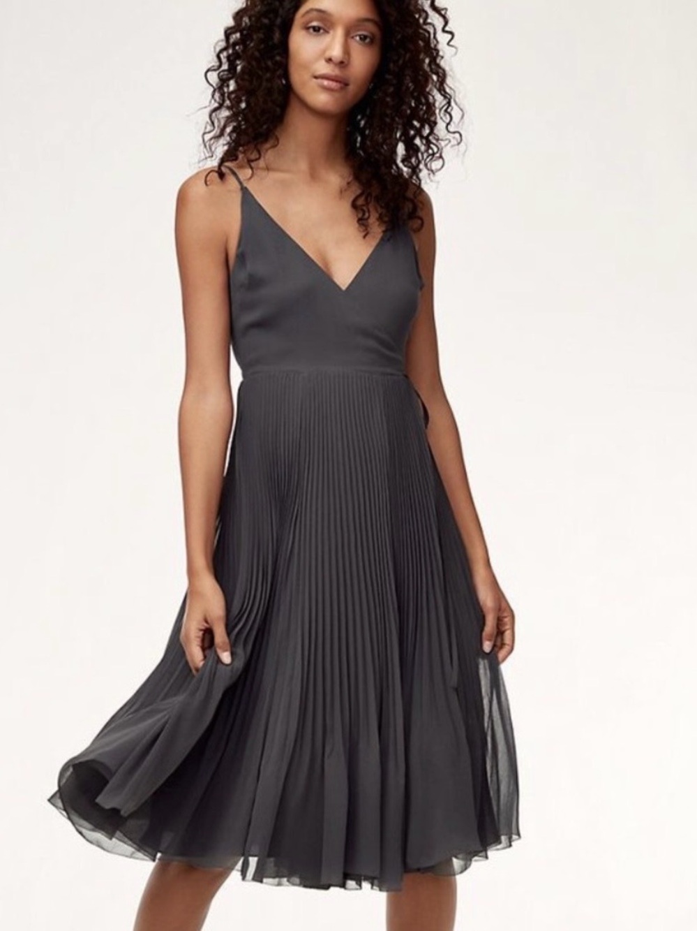 Wilfred Charcoal V-Neck Pleated Midi Dress